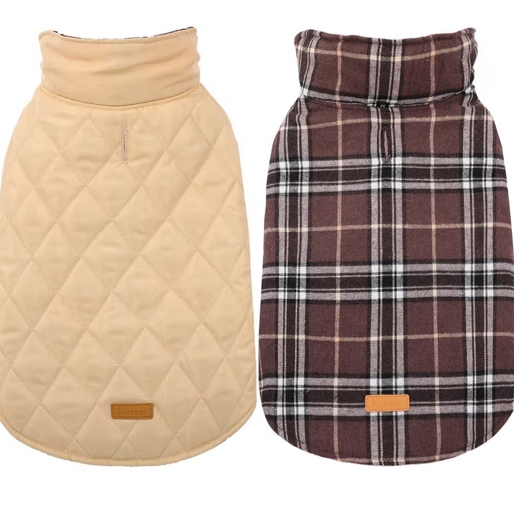Kuoser Warm Dog Coat Reversible Dog Jacket Waterproof Brown Plaid Size L